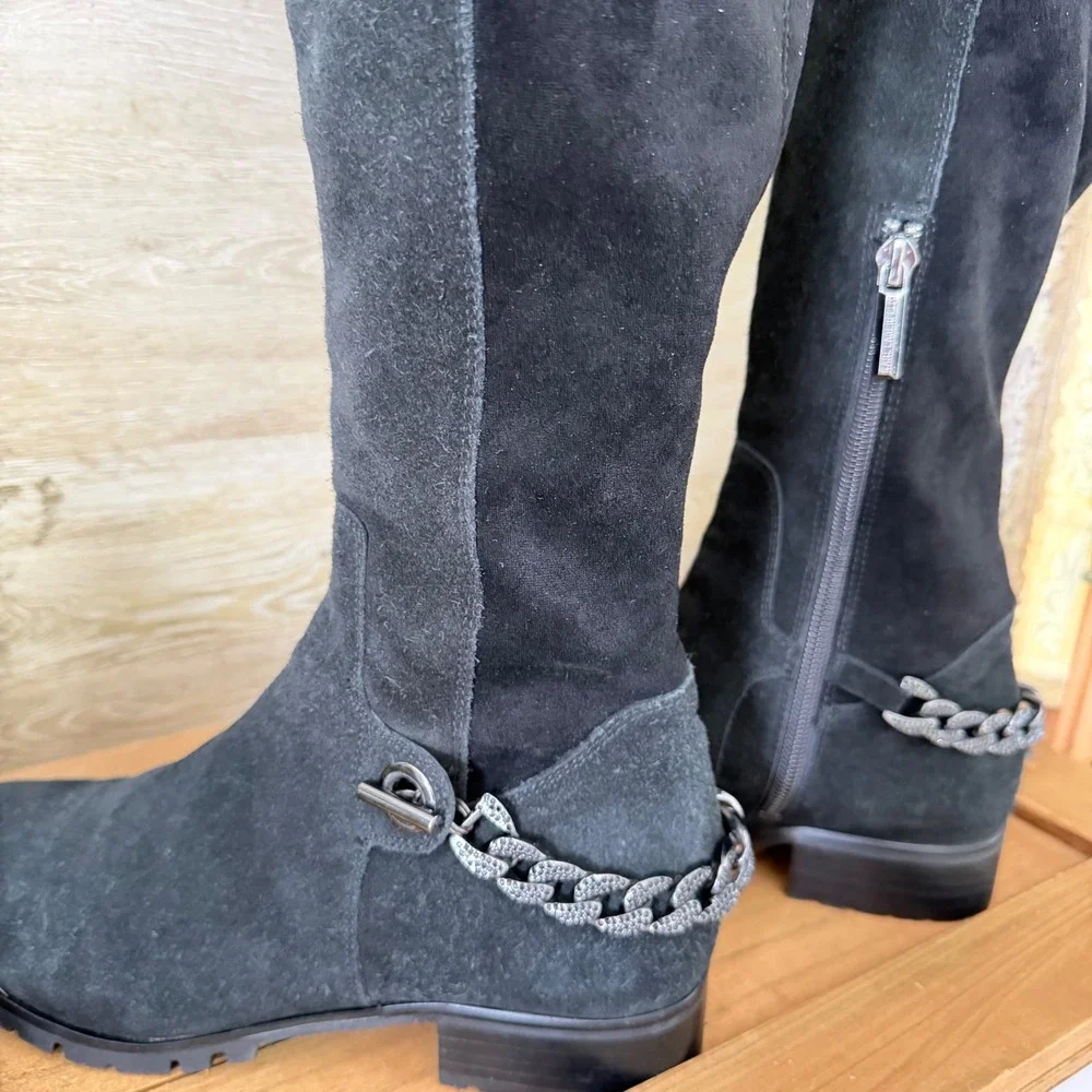 Karl Lagerfeld Paris Black Suede Knee High Chain Detail Boots Lug Sole Size 7.5